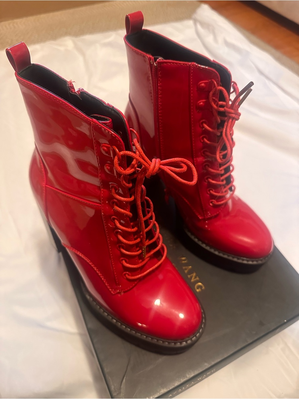 Bold Red Patent Lace-Up Ankle Boots by MANG
